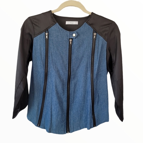 Dual Fabric Chambray Denim Fitted Jacket - Picture 1 of 9